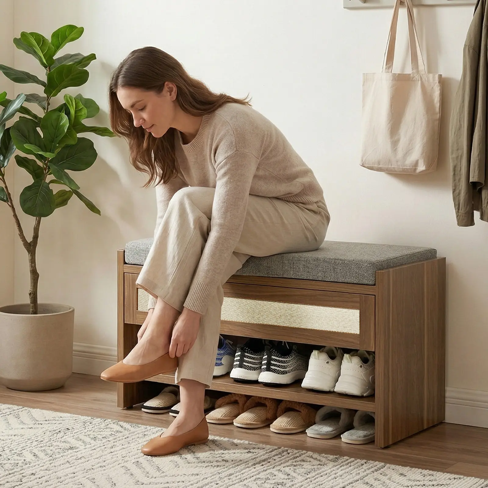 31" L Farmhouse Shoe Bench with Storage Drawer & Linen Cushion – Wooden Entryway Bench with Open Shelf for Hallway, Bedroom & Living Room Organization