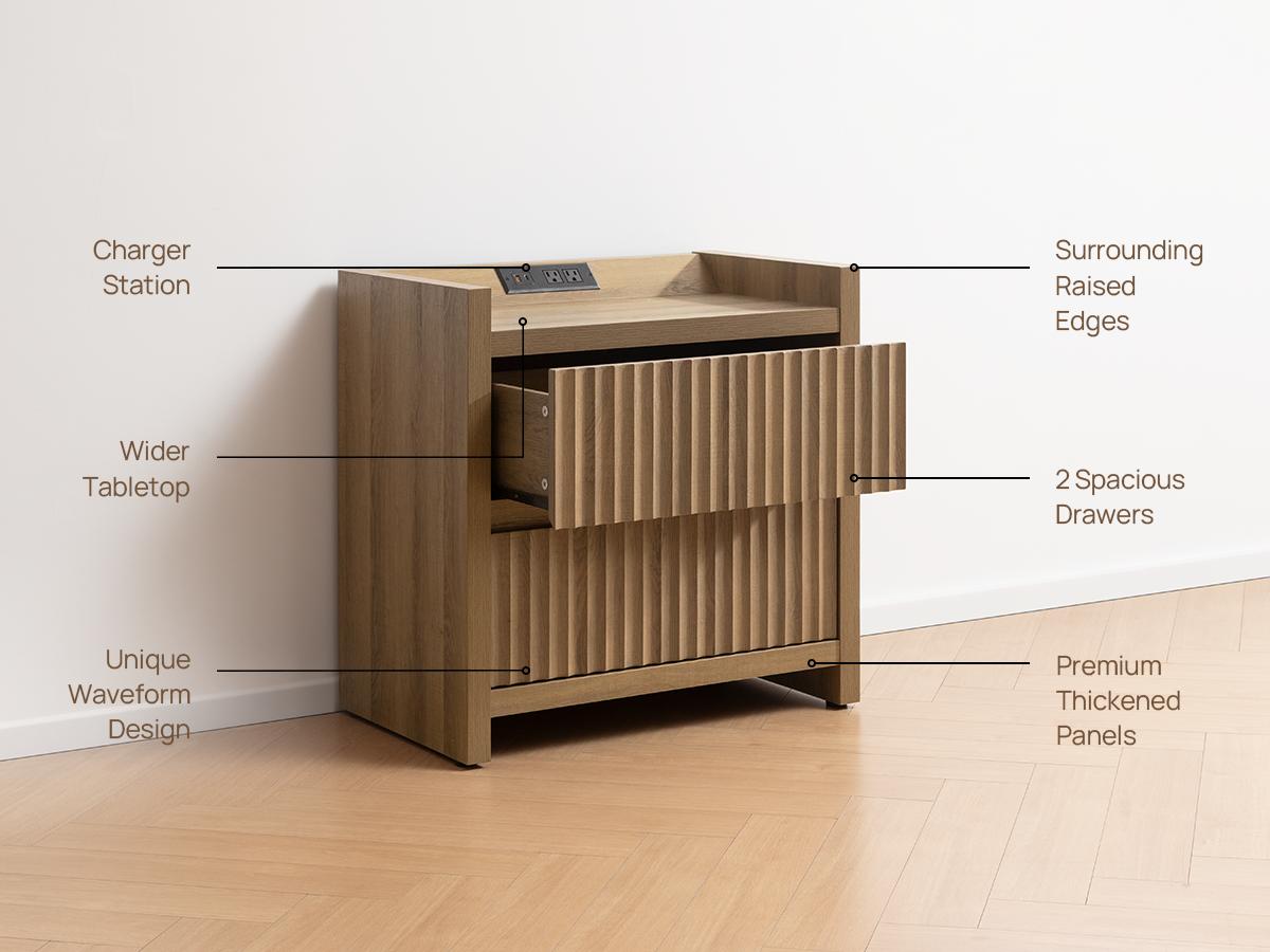 SICOTAS Night Stand Set of 2 Fluted Nightstands with Charger Station, Large Modern Nightstand Bedside Table End Table with 2 Drawers, 25" Wide Farmhouse Night Stands for Bedroom, Sofa Side