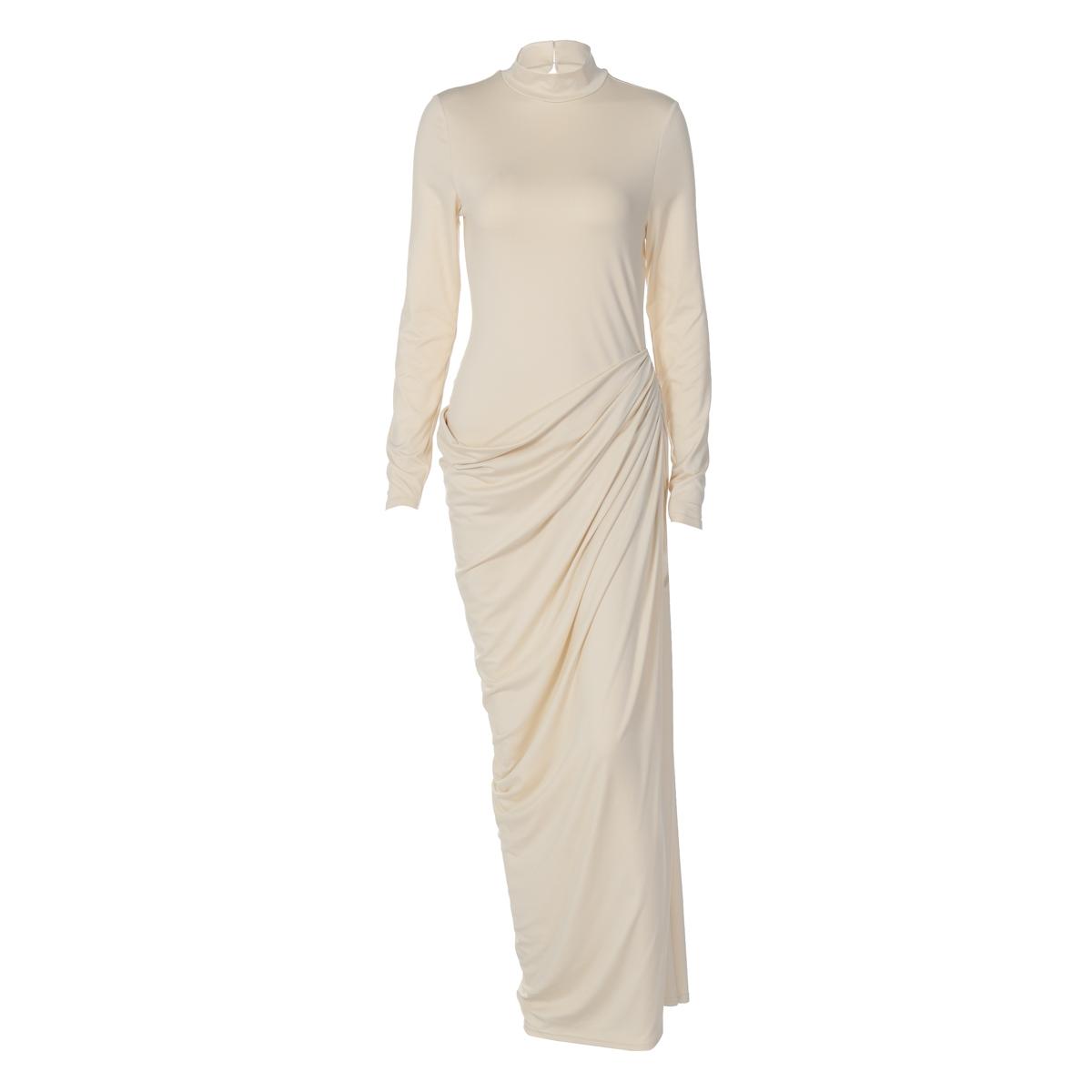 Women's Solid Mock Neck Ruched Long Sleeve Bodycon Dress, Elegant Back Cut Out Button Slim Fit Maxi Dress, Party Club Date Evening Formal Dress, Elegant modesty dress, Spring Fall Winter Holiday Daily Casual Dresses For Outdoor