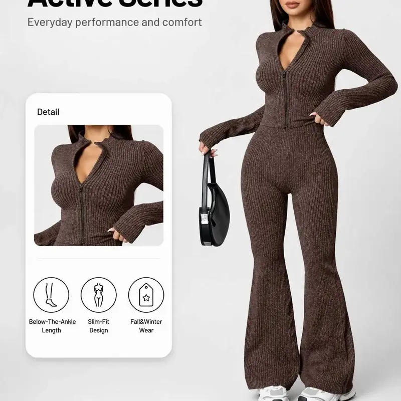 Women's Sportswear Set, Activewear Tracksuits, Fall & Winter Women's Sports Clothing, Zipper Long Sleeve 2-Piece, Slim Fit Casual Fitness, Sweatsuit Outfits, Athleisure Sportswear Set, Solid Sports Sets, Casual Sporty Set, Workout Sets