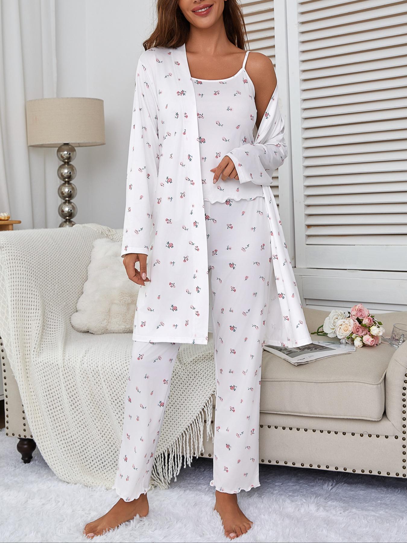Women's Floral Print Robe Set with Spaghetti Strap Pants, Comfortable Casual Home Wear, All-Season Fitted Sleepwear Collection, Loungewear