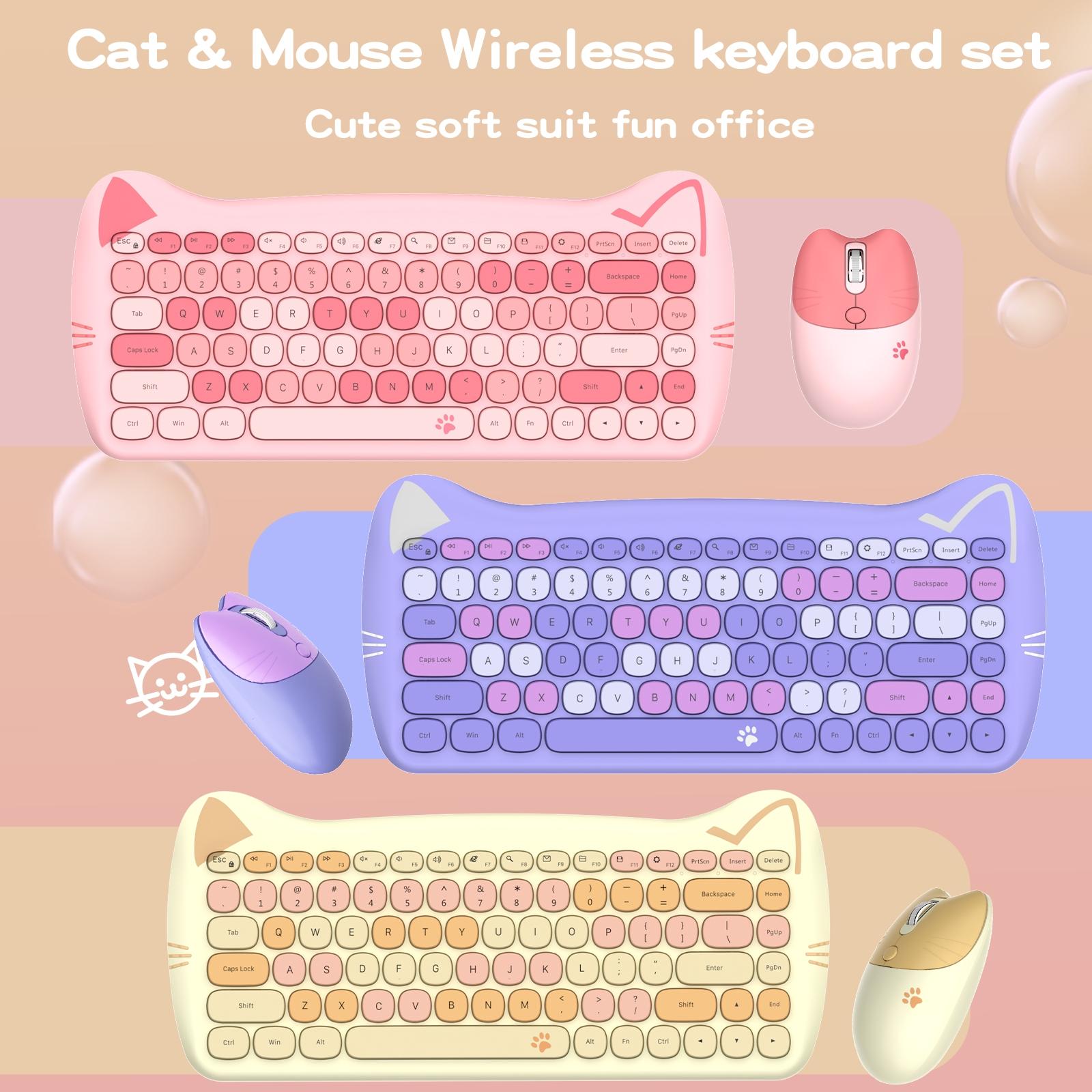 MOFii 1 Set Pink Cat Ear Wireless Keyboard and Mouse Combo, Cute Silent Office Keyboard Mouse, Universal for Laptop Desktop, US QWERTY (Battery Not Included)