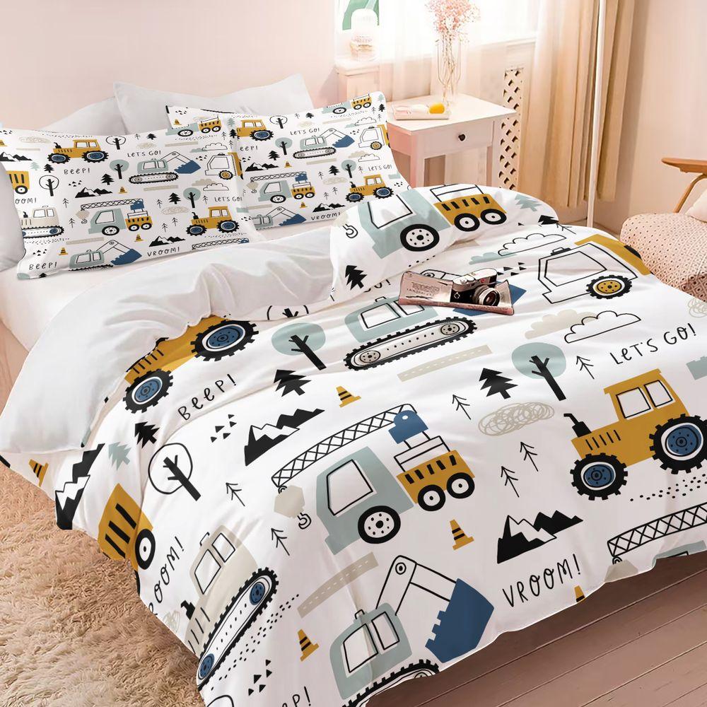 2/3Pcs Kids Construction Duvet Cover Set, Cute Cartoon Trucks Bedding Set, Boys Bedroom Decor Duvet Cover with Pillowcase, Soft Breathable Bedding for Toddler Kids Room No Fillers