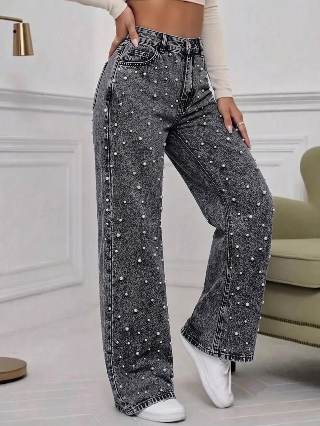 Mid-Rise Baggy Straight Leg Jeans with Pearl Embellishment, Snow Wash Denim Pants for Women, Vintage Slimming Casual Streetwear, Trendy Summer Bottoms, Elegant Chic Style, All Season Comfort, Everyday