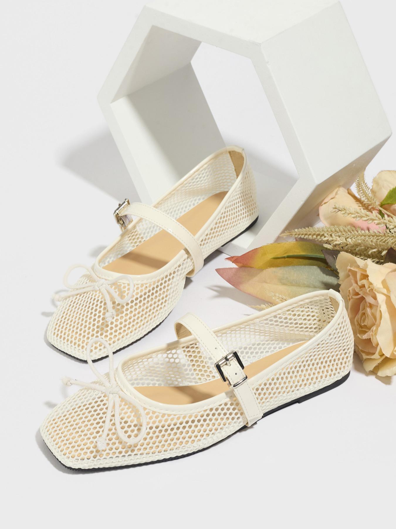 Ballerina Hollow Out Mesh Flat Shoes Summer Bowknot Square Toe Breathable Casual Sandals Fashion Comfort Soft Sole, Bowknot Design Flats