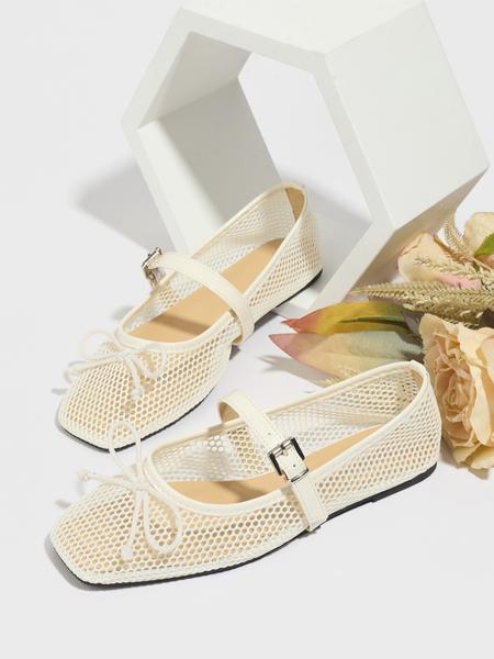 Ballerina Hollow Out Mesh Flat Shoes Summer Bowknot Square Toe Breathable Casual Sandals Fashion Comfort Soft Sole, Bowknot Design Flats
