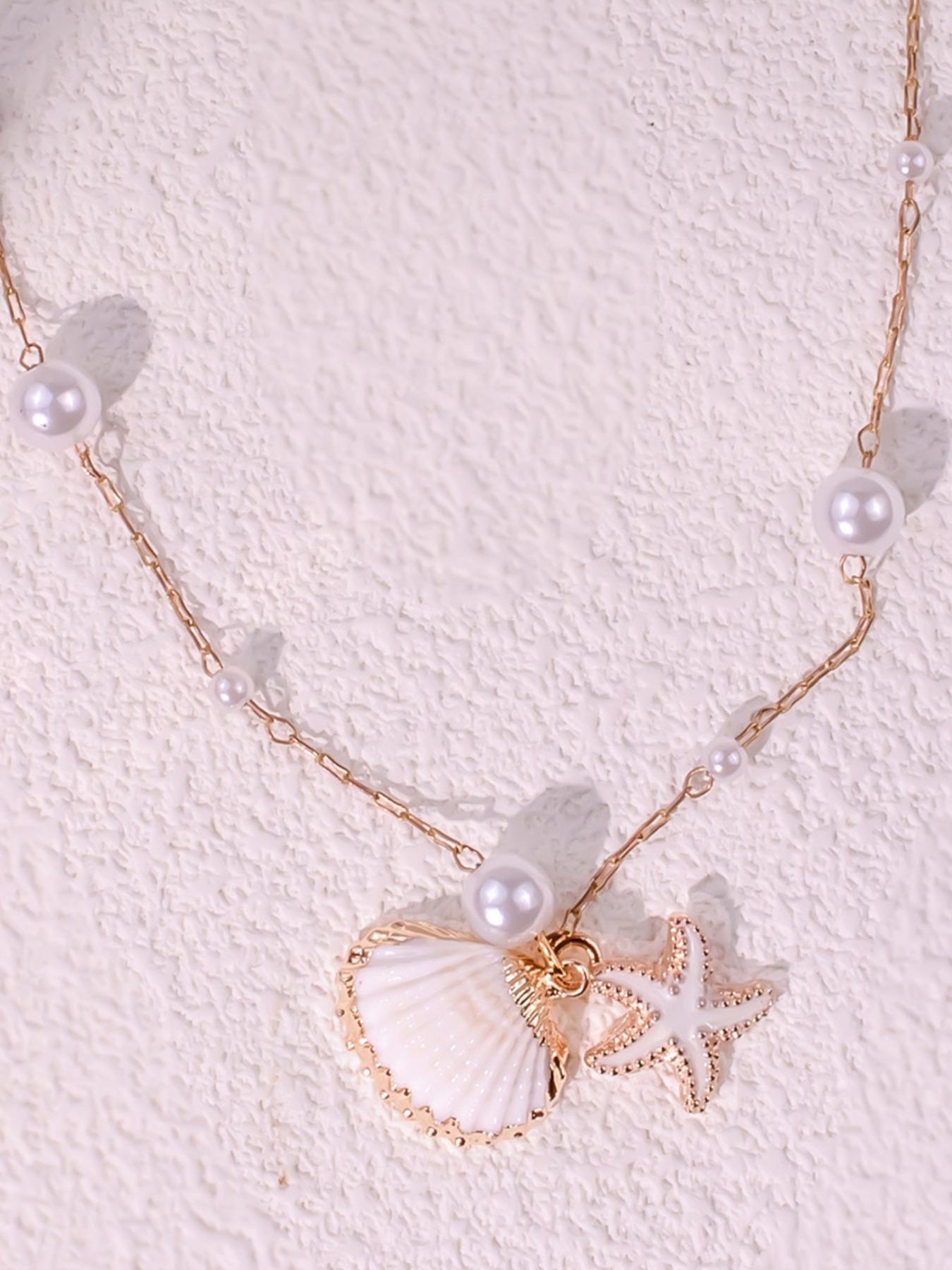 Elegant Beach Style Faux Pearl Beaded Chain Necklace with Natural Shell Lucky Starfish Pendant for Women, Fashion Jewelry Accessory