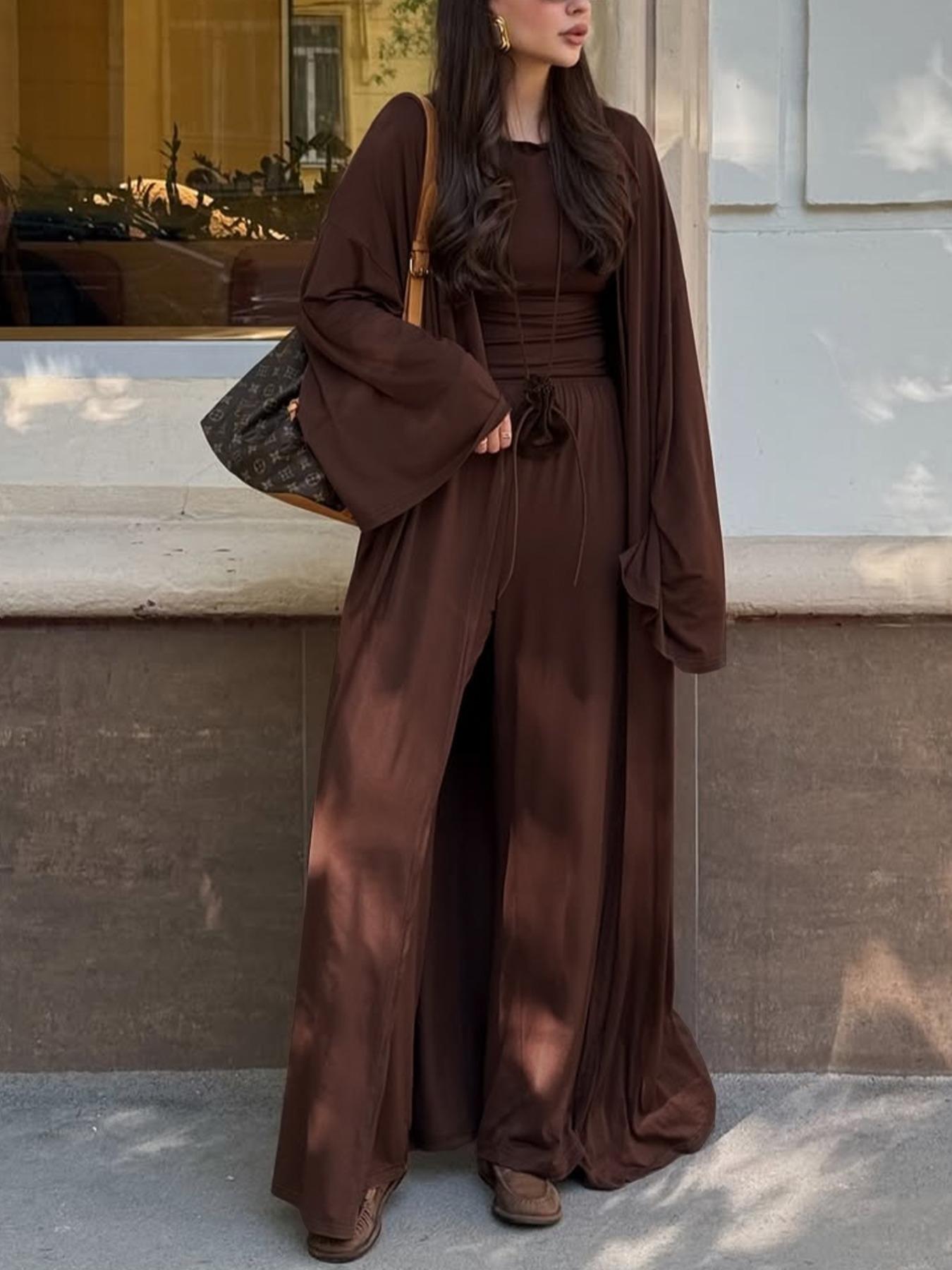 Women's Fall Winter Long Sleeve Jacket Set, Round Neck Three-Piece, Casual Warm Clothing for Ladies, Stylish Outerwear