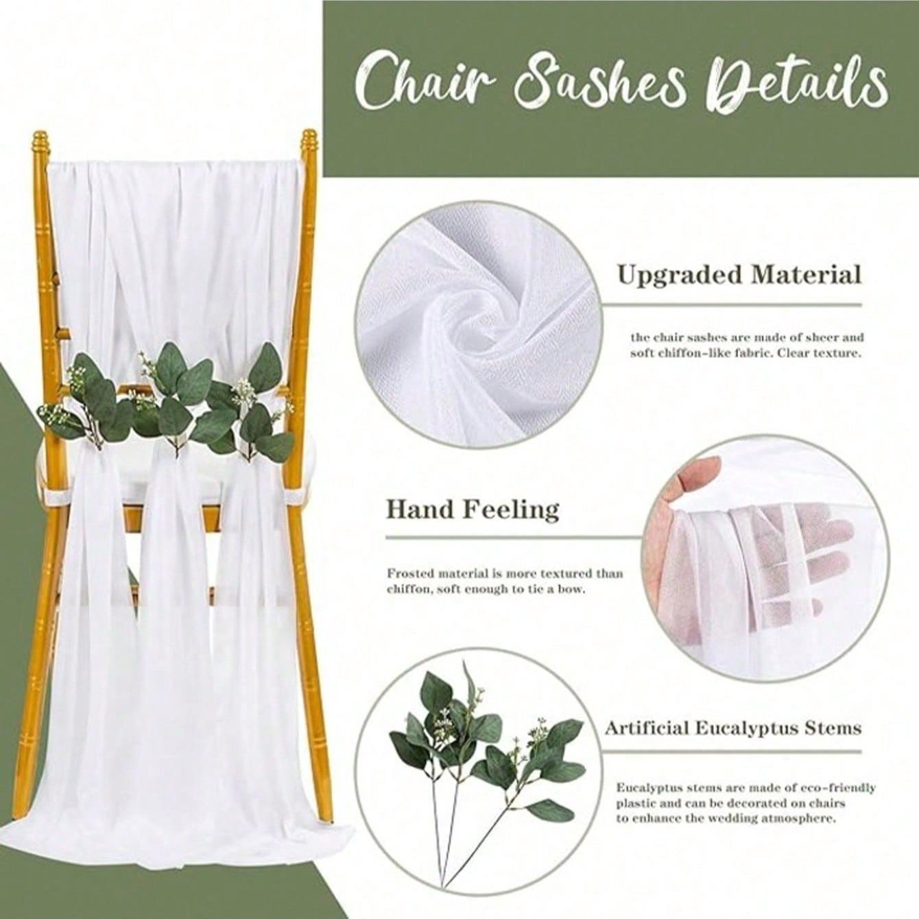 Wedding Chair Ribbon Set with Realistic Flower Decorations, Includes Chiffon Ribbons and Eucalyptus Leaves, Perfect for Church Pews and Bridal Walkway