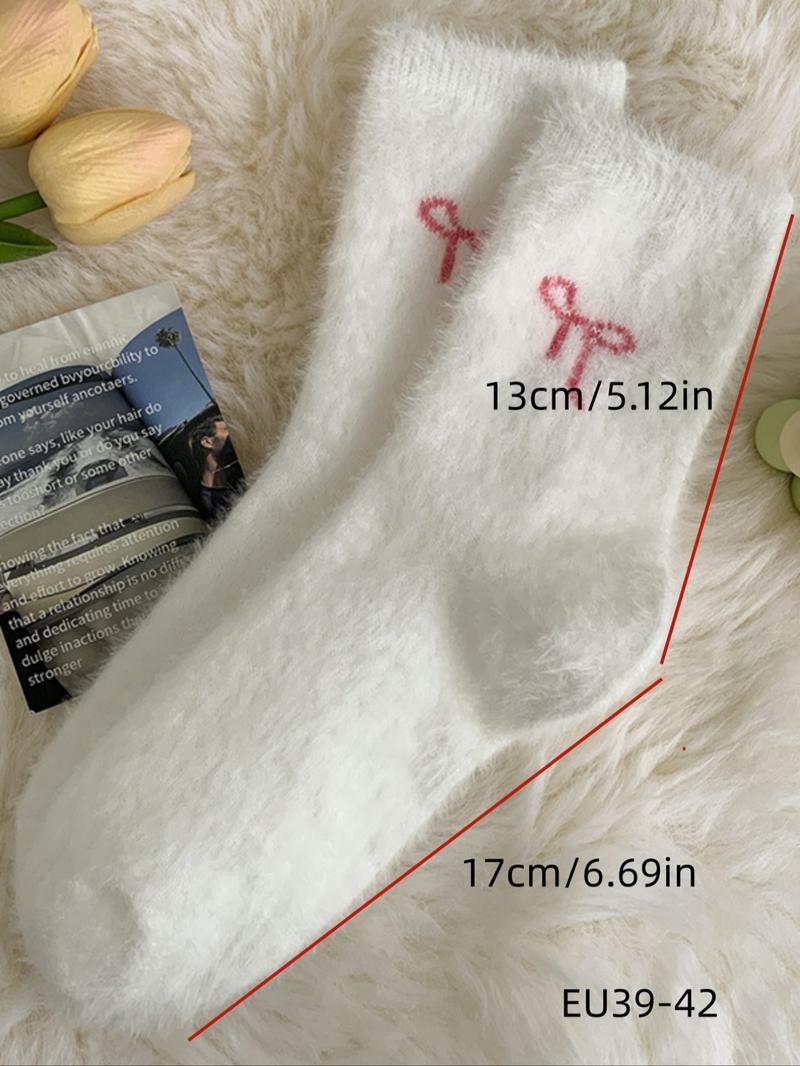 Women's Winter Socks Set, 5 Pairs Faux Fur Butterfly Knot Design, Cute Sweet Mid-Calf Sleepwear Warm Thickened Soft Comfy Socks for Women