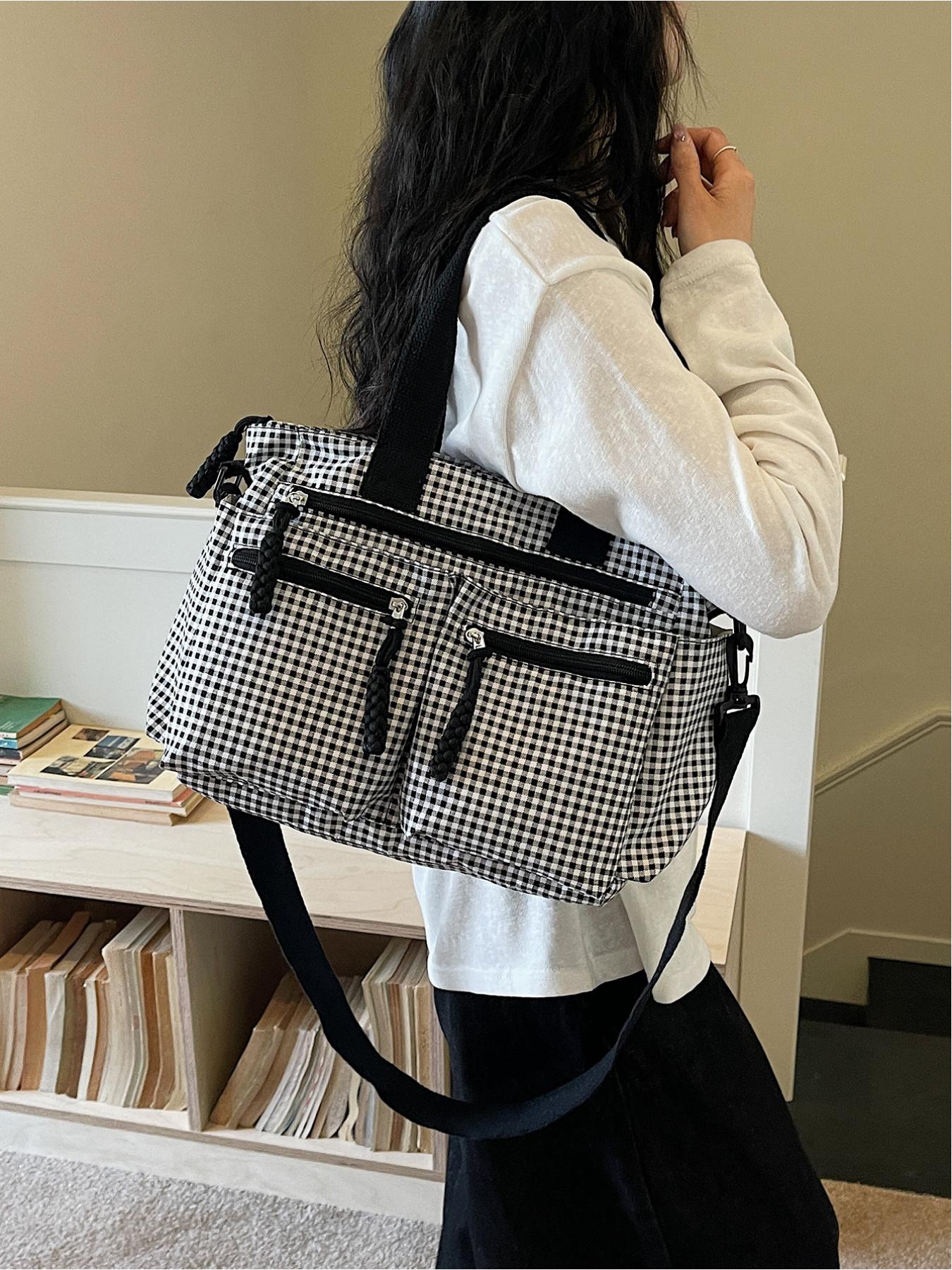 Large capacity plaid multi pocket tote bag, retro street style drawstring design, single shoulder bag, workwear style crossbody bag, adjustable shoulder strap, daily leisure, work, commuting, armpit bag