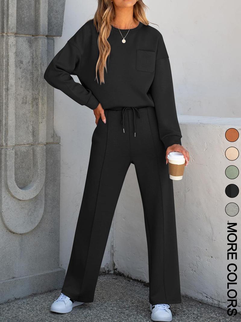 2-Piece Women's Casual Long Sleeve Pocket Sportswear Set, Stylish Comfortable Wide Leg Athletic Set for All Seasons