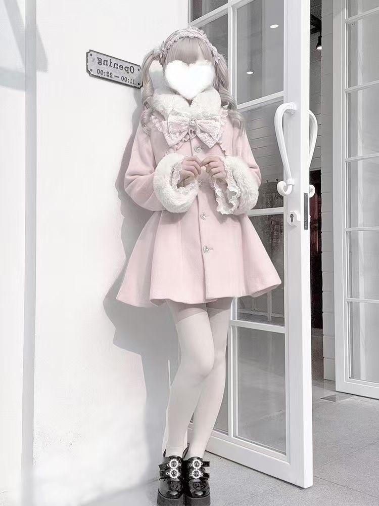 Winter Design Fashion Elegant Pink Slim Woolen Cloth Coat Women Kawaii Sweet Warm Fur Collar Bow Lace Patchwork Casual Overcoat