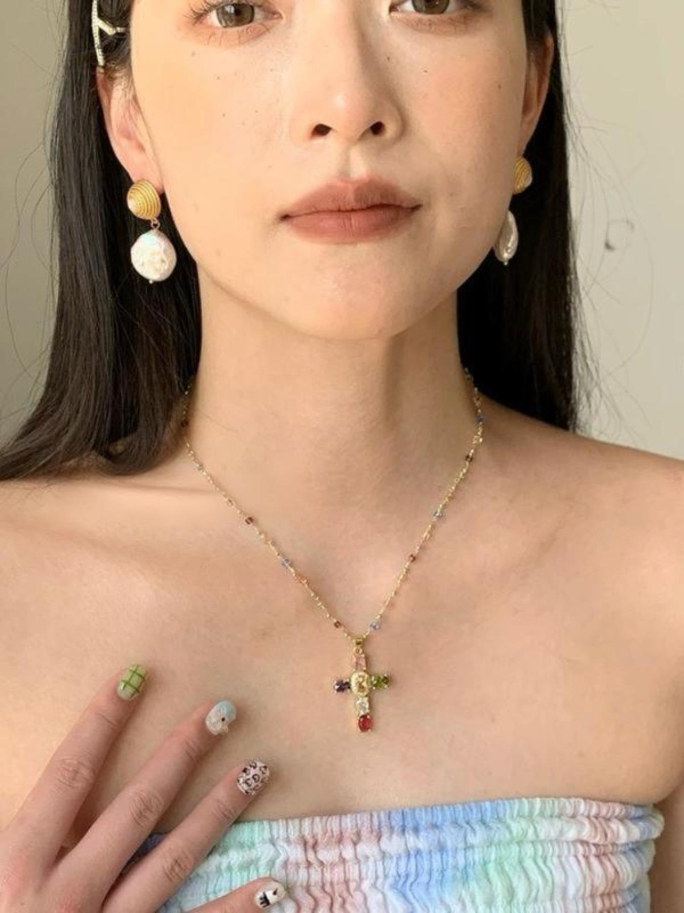 Women's Cross Crystal Necklace, Unique Design Zirconia Pendant, Sparkling Rhodium Plated Chain Jewelry, Elegant Gift for Her