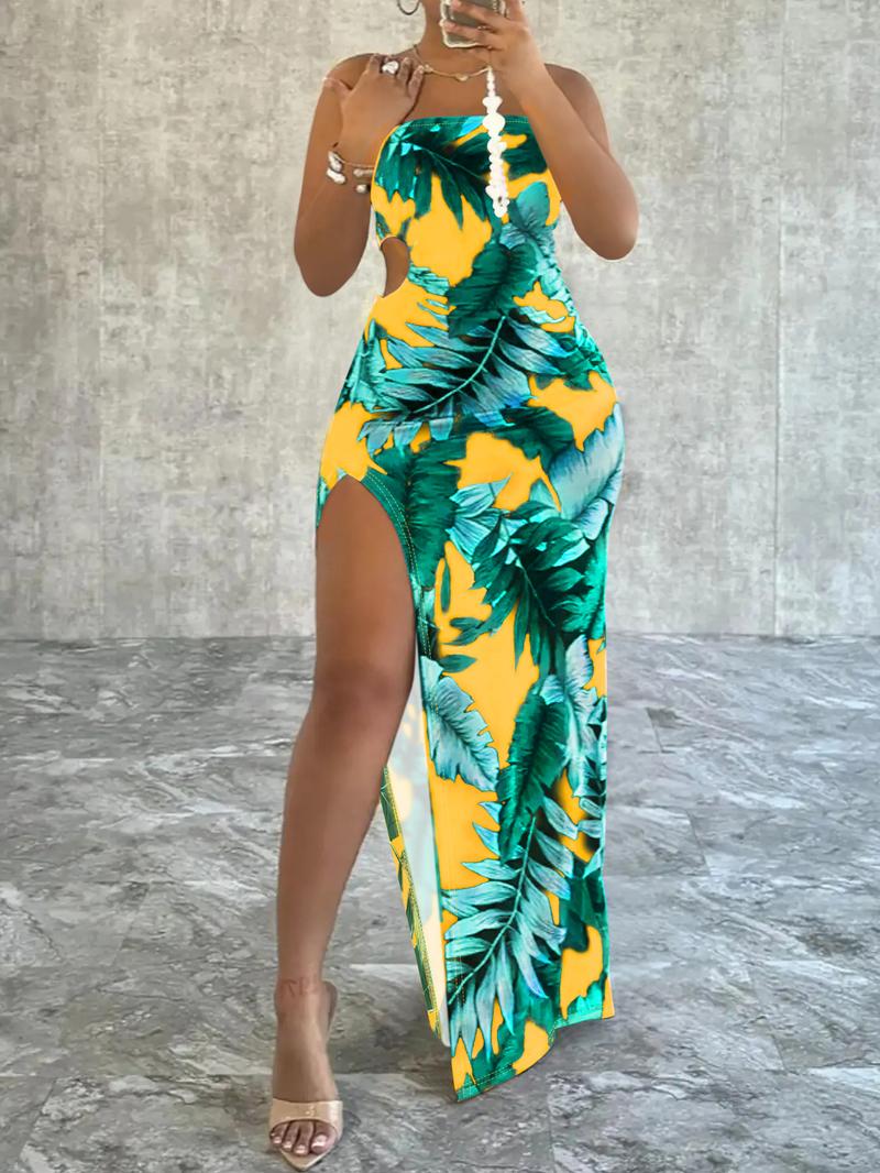 Women's Leaf Print Split Thigh Bodycon Dress, No Drawers Sundress, Mufti Clothes, Fit Sleeveless Cut Out Ruched Maxi Sun Dress, Fashion Women's Knitted Dress for Beach Holiday, Flattering Sleeveless Brown Womenswear, Lady Casual Fashionable Dress