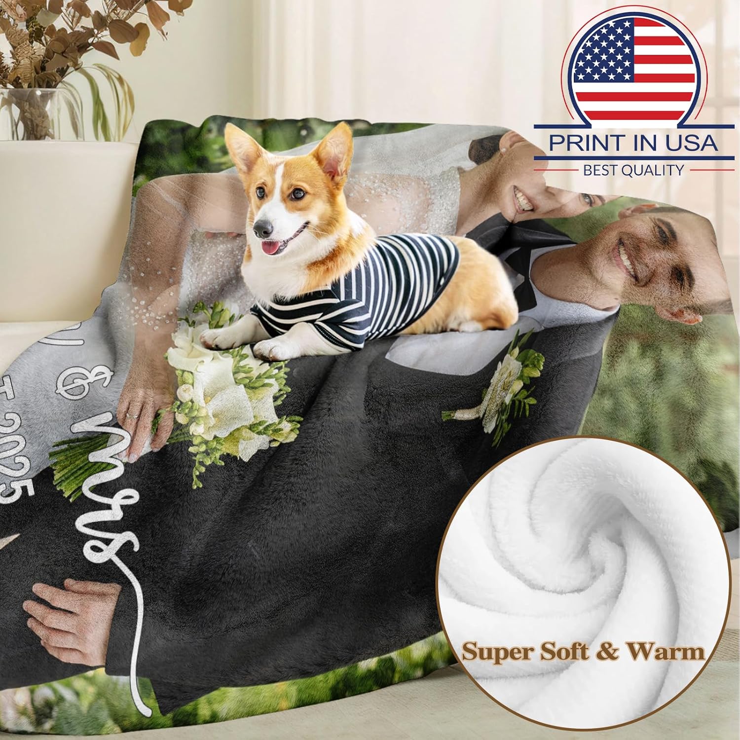 Personalized Custom Photo-Text Double-Sided Polyester Blanket - USA-Printed, Multi-Size, All-Season Comfortable Throw, Him-Targeted Gift for Home Lounge (Christmas, Valentine’s Day)