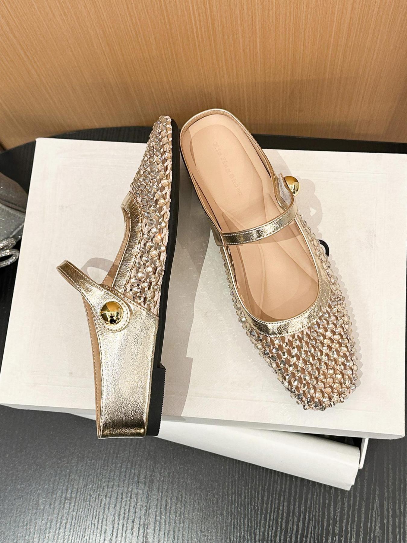Sexy Hollow Out Mesh Draped Elevator Fairy Style Square Toe Strap Flat Shoes, Elegant Back Cutout, Spring & Fall, Medium Width