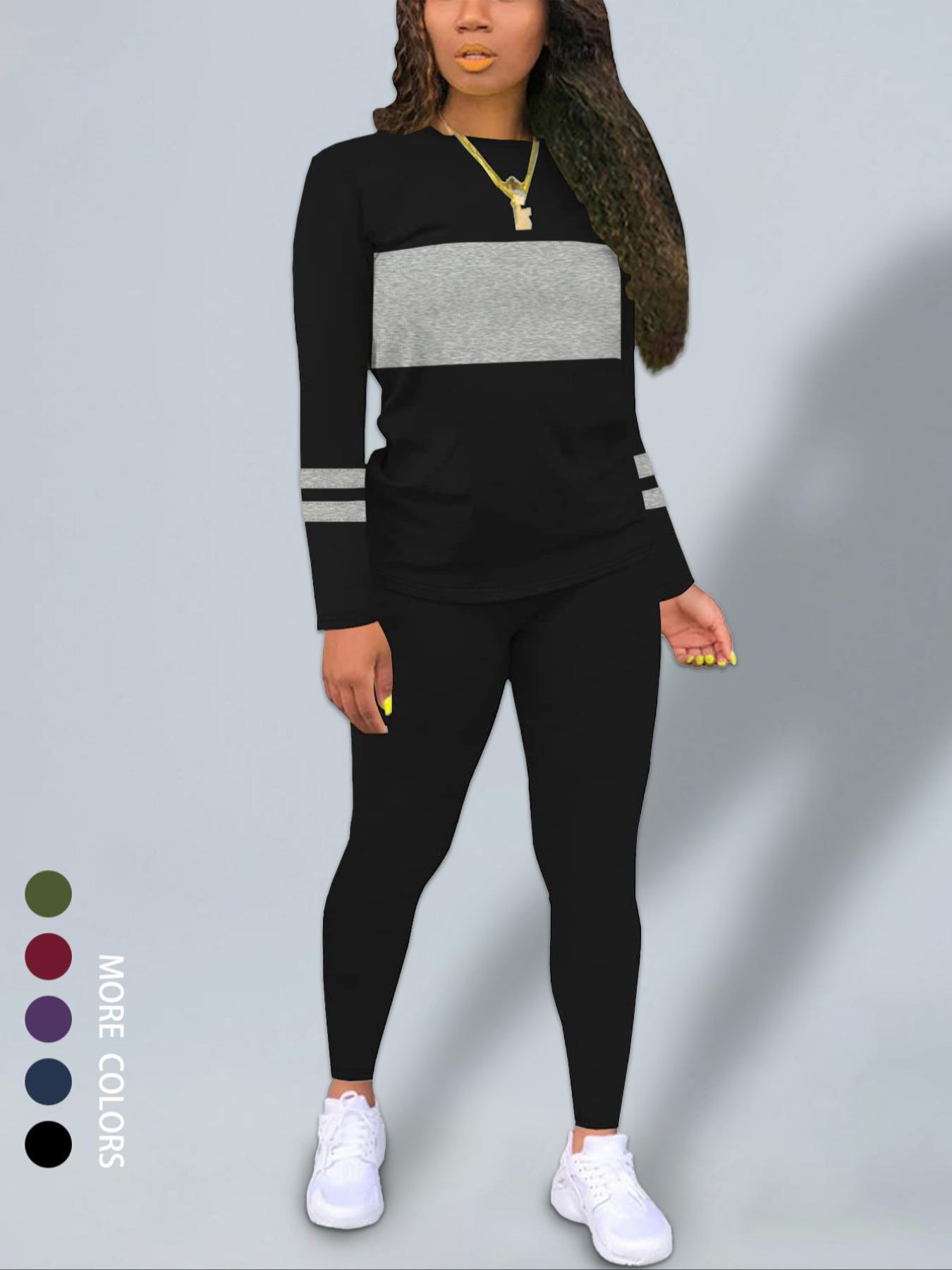 Women's Fall New Colorblock Round Neck Long Sleeve Top & Skinny Pants Set, Casual Two-Piece, Comfortable Fashion Clothing