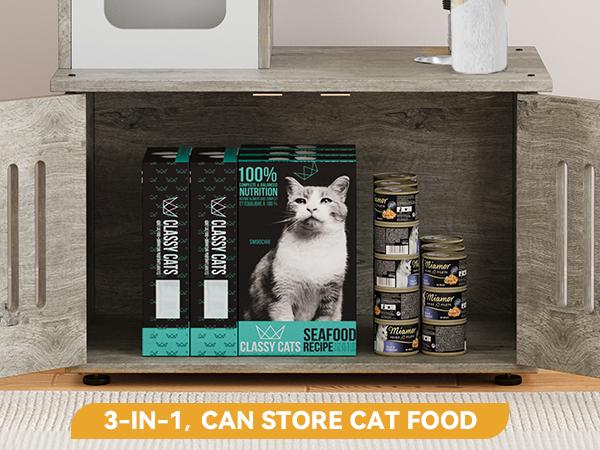 DWVO Cat Tree with Litter Box Enclosure, 2-in-1 Cat Furniture, Modern Cat Condo, Indoor Cat Tower with Wood House, Perch, Food Station, Hammocks, Scratch Post, Hair Brush, 59 Inch