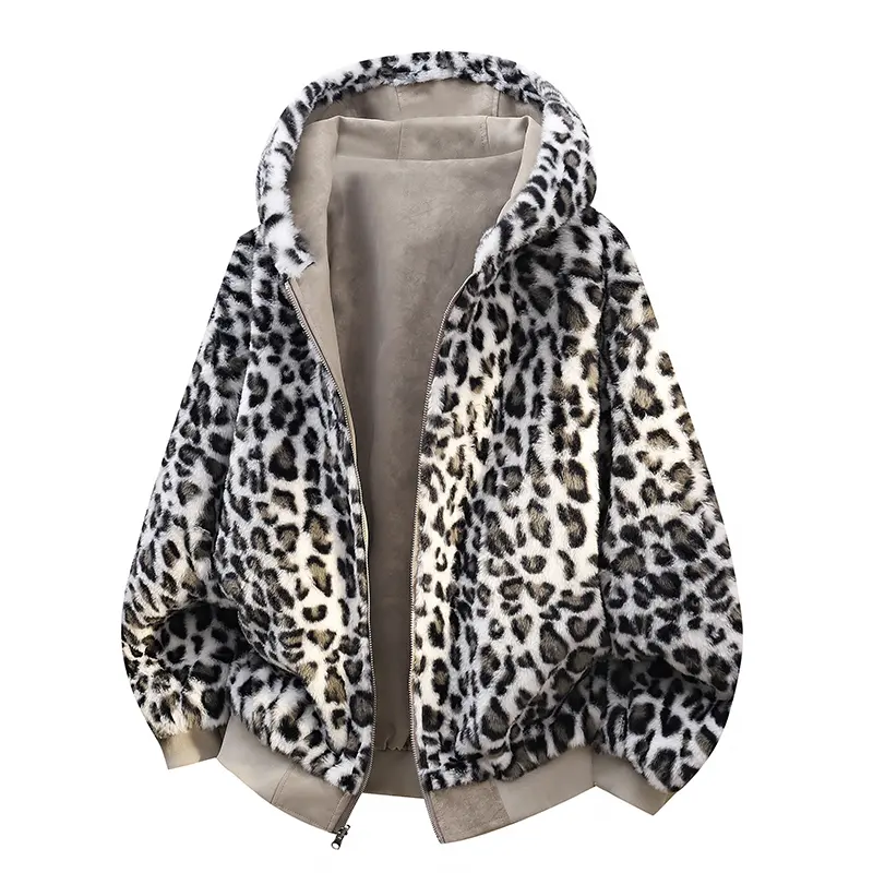 Men's American Trendy Brand Leopard‑Print Fleece Reversible Hooded Zip‑Up Jacket, Fashion Versatile Long Sleeve Full‑Zip Coat, Warm Casual Street‑Style Outerwear for Autumn and Winter # sohochic
