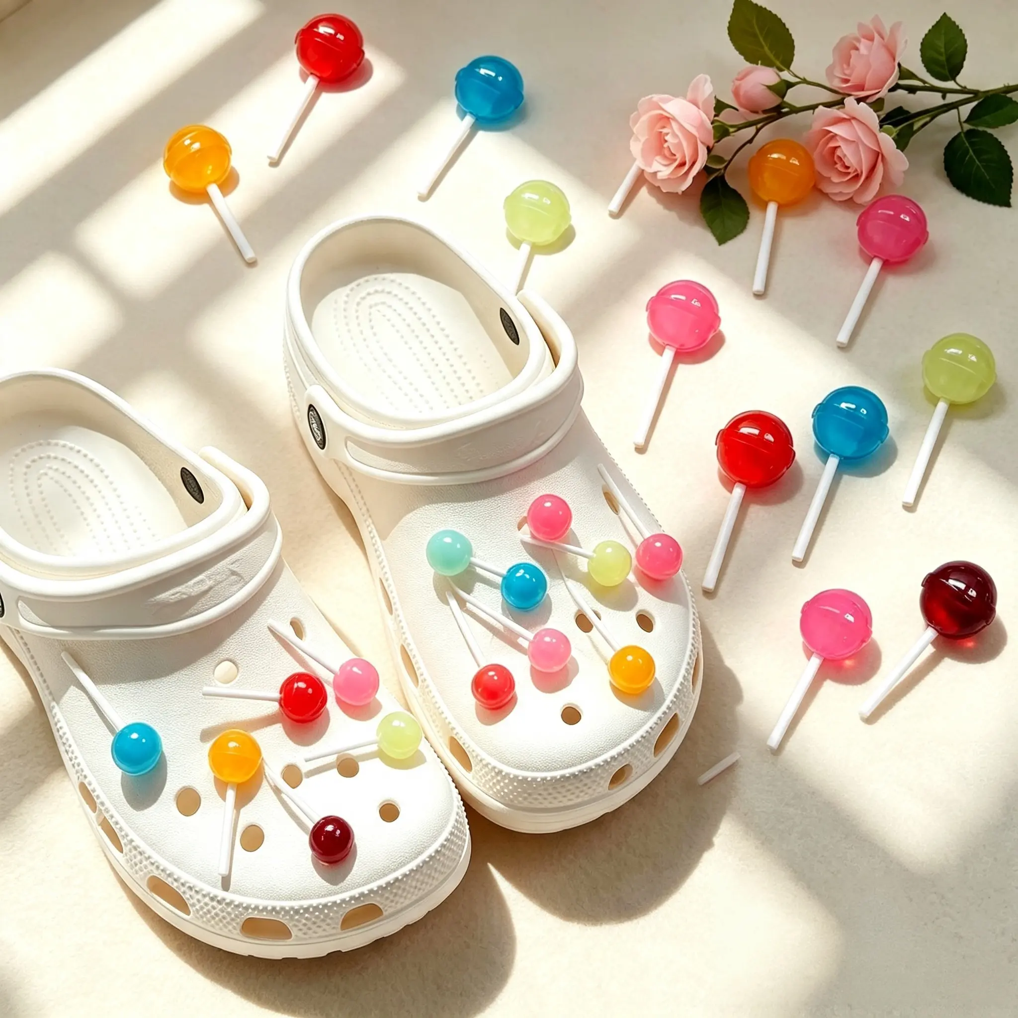 Lollipop Shoe Charms, 3D Translucent Jelly Lollipop Resin Pins, Lollipop 3D Realistic Candy Shoe Charms for Clog Sandal, Bubble Slides & Backpack Holes