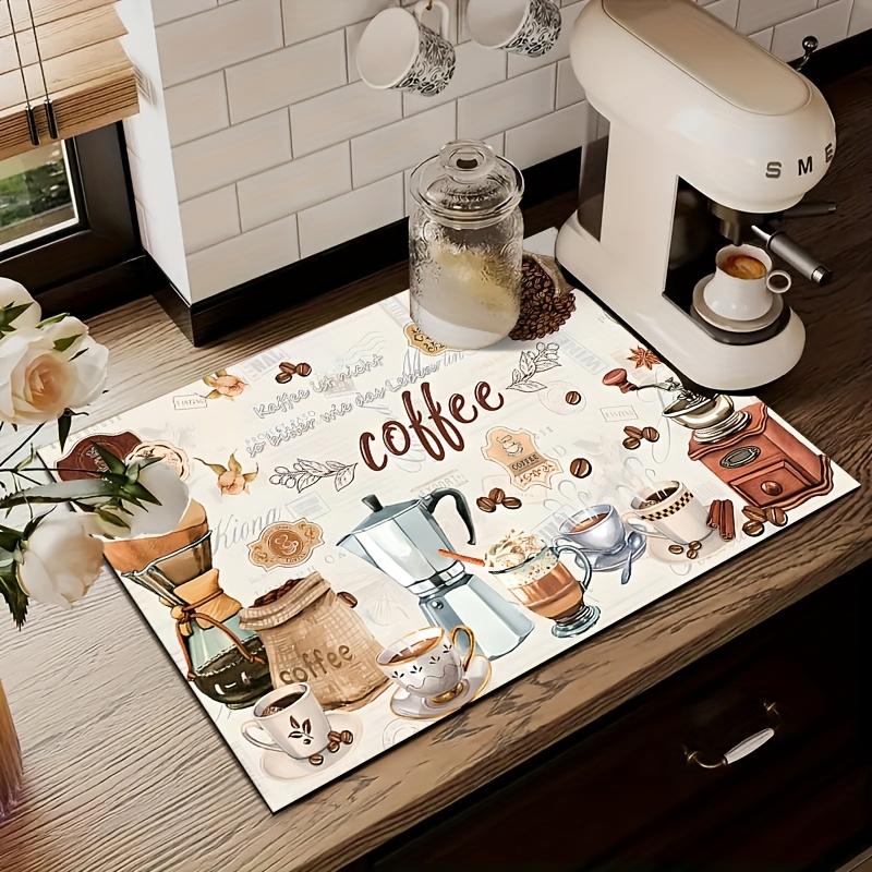 1pcs, Tableware drying pad, coffee machine pad, Coffee table mat, drying pad with watercolor retro coffee machine and cup design, polyester fiber - durable, highly absorbent, easy to clean drying pad, desktop decorative pad
