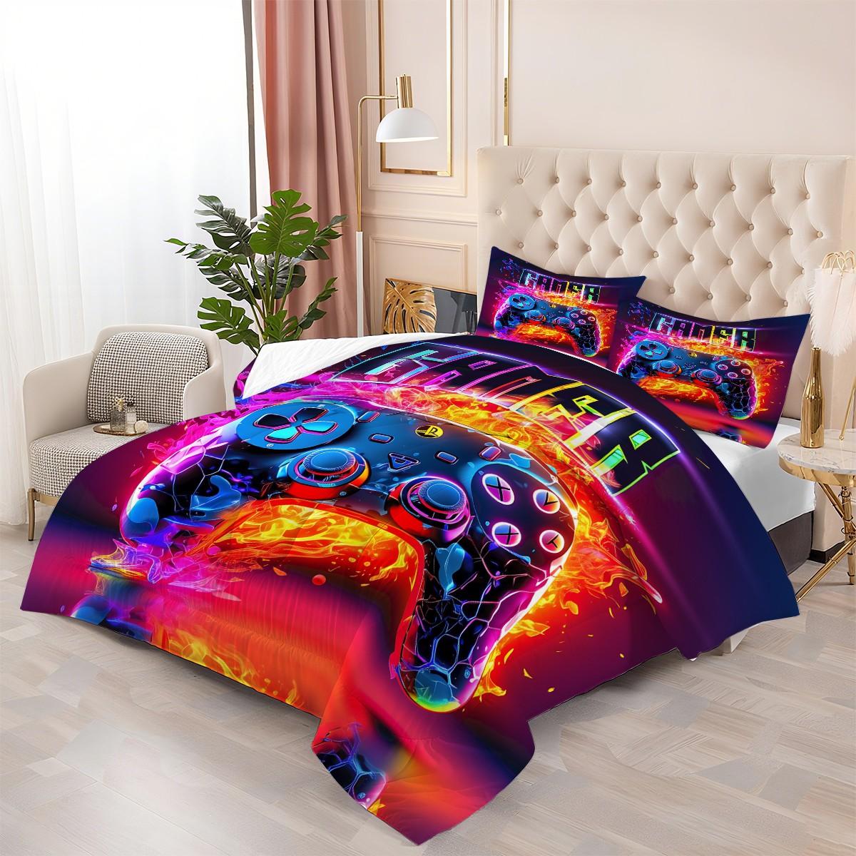 Futuristic and Energetic Gaming Controller 2/3pcs Comforter Set, Flame and Neon Light Effects Create a Dynamic and Dynamic Bedding Set, Soft and Comfortable, Personalized and Vibrant Style,Adding Allure and Fun 1 or 2 Pillowcase No Pillow Core.