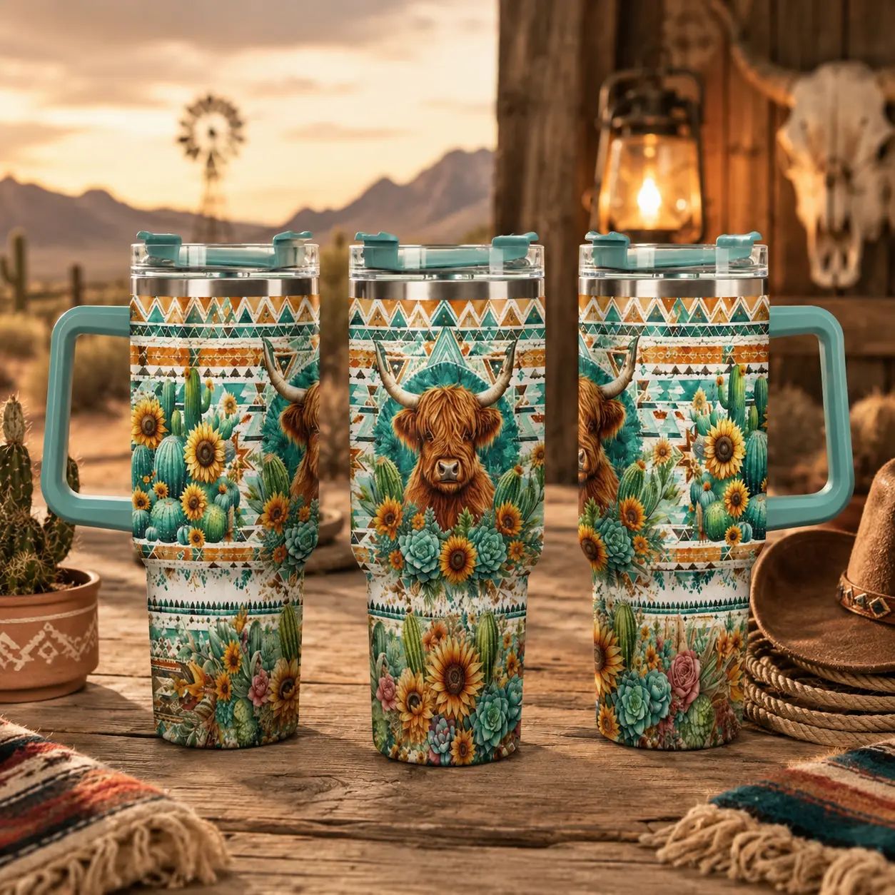 Aesthetic Western Highland Cow 40oz Tumbler - Boho Sunflower & Cactus Travel Mug - Rustic Desert Cowgirl Gift - Large Insulated Water Bottle with Handle