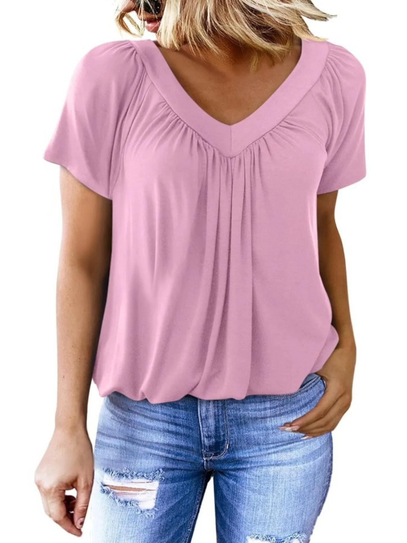 Women's Short Sleeve Casual Tops, Dressy V Neck T-Shirts, Loose Fit Summer Pleated Blouses, Comfortable and Stylish Clothing