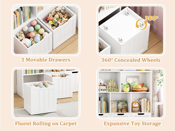 FOTOSOK Toy Storage Organizer with 3 Movable Drawers, Toy Organizer with Hidden Wheels and 5 Open Cubbies, Multifunctional Floor Storage Chest for Playroom