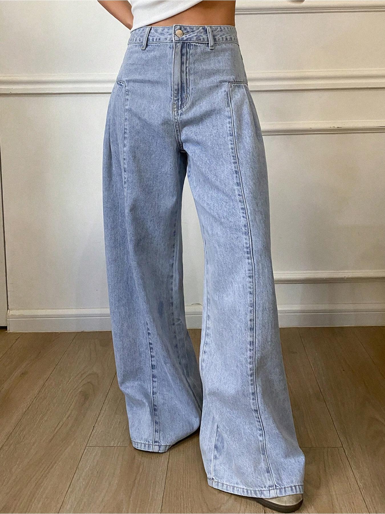 Women's Fashionable Elastic Comfortable Straight Leg Wide-Leg Woven Denim Jeans Pants, Plain Pattern, Fitted Style, All Seasons Wear, Womenswear