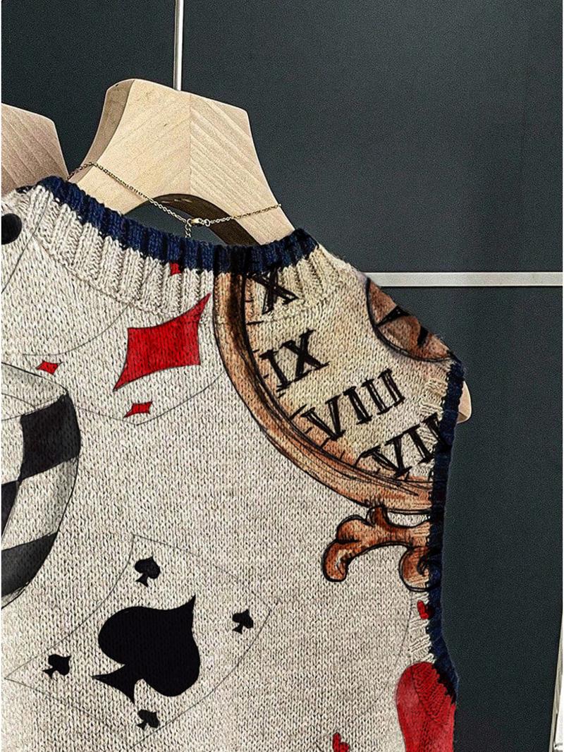 1 piece + Spring/Summer Back-to-School Casual Style Loose Round-neck Sleeveless Knitted Dark Blue Embroidered Color-Contrast Patchwork Print Women's Knitted Top for Outfits, Women's Outerwear, to be worn alone or paired with a jacket