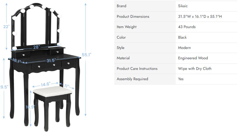 Sikaic Makeup Vanity Set With Lighted Mirror Stool Drawers And Cushioned Stool Vanity Desk with Adjustable Lights Furniture Bedroom