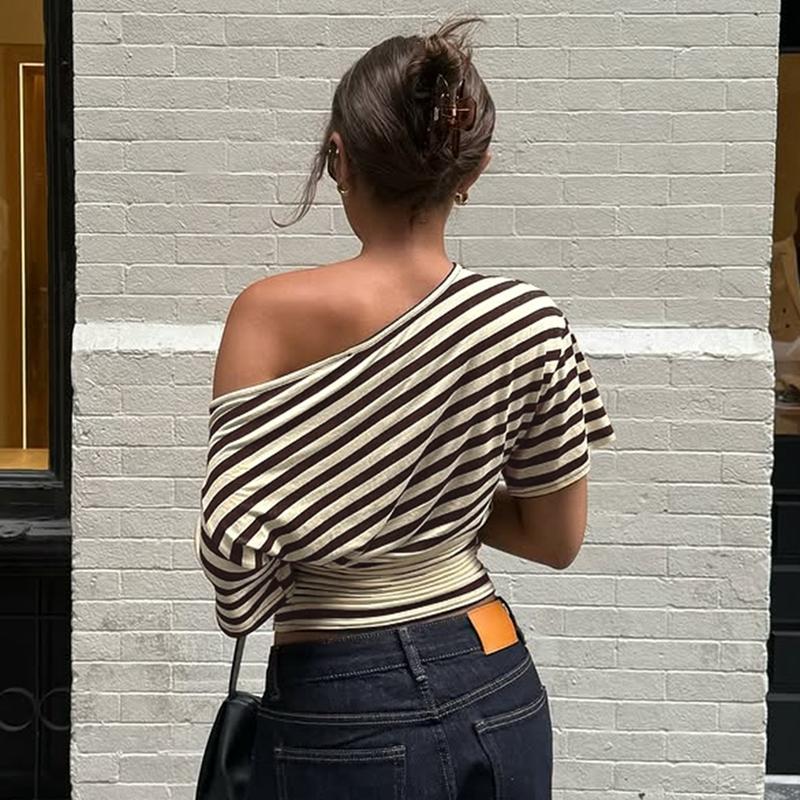Women Summer Fashion Short Sleeve Asymmetrical One Shoulder Striped Asymmetric Hem T Shirt Tops Tee Casual Daily Tops