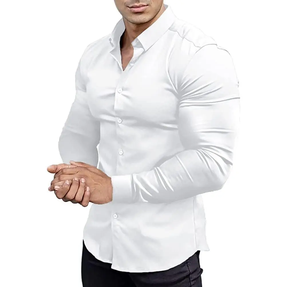 Men's Muscle Fit Dress Shirt, Athletic Slim Fit Long Sleeve Stretch Casual Button-Down ShirtGift