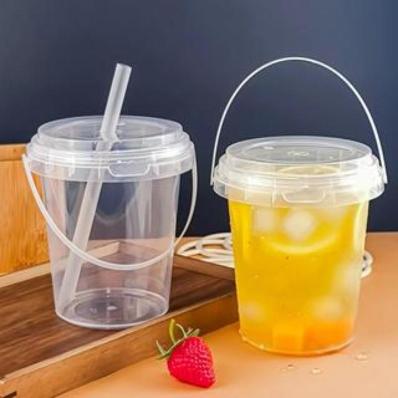 6-piece set of 500ml disposable plastic beverage containers with handles, lids, and straws; transparent fruit tea/bubble tea cups; suitable for takeout; food-grade PP portable juice containers; Plastic Clear Cups