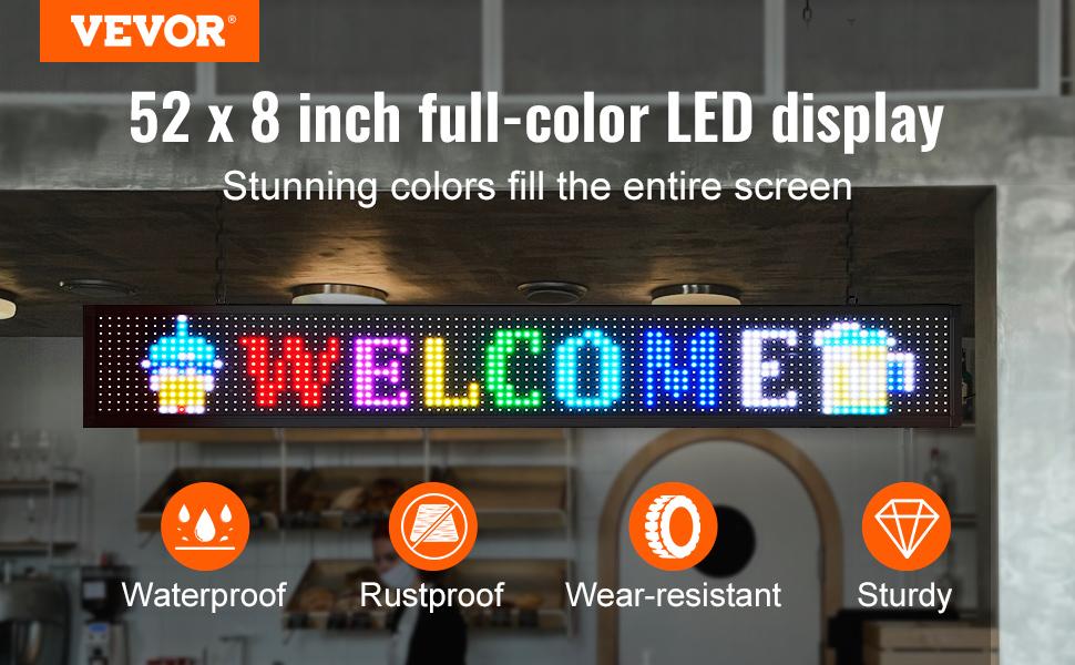 VEVOR LED Message Board, P10 Full Color Scrolling Display, Customizable Text and Animation via WIFI or USB, Ideal for Retail, Parties, and Bars, 52x8