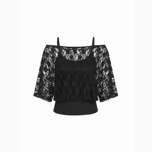 Cider Jersey Asymmetrical Neck Floral Lace Poncho Top Dealsforyou