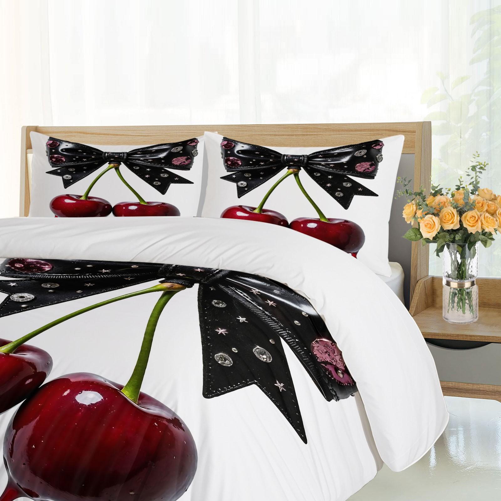 Gothic Cherry Bow Duvet Cover Set, 1 Duvet Cover + 1/2 Pillowcases, Dark Aesthetic Bedding, Cute Fashion Gifts for Goth Girls