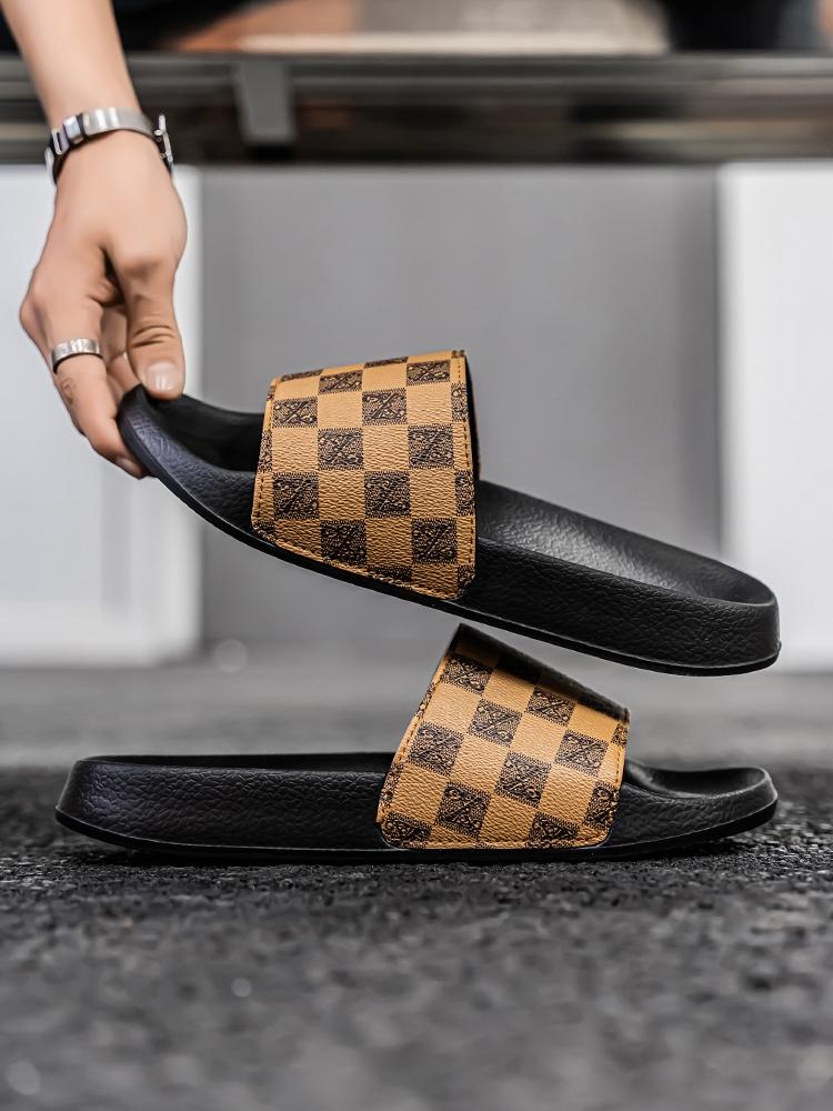 Men's Checkered Pattern EVA Slides, Casual Comfortable Non-slip Slippers, Open Toe Shoes for Indoor Outdoor Beach Shower