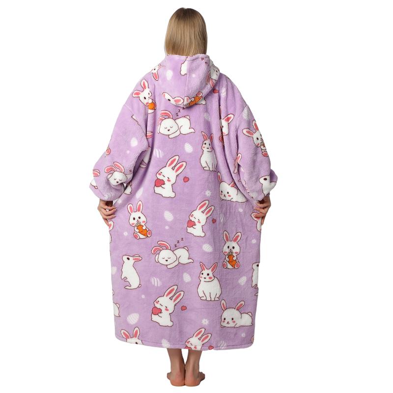 Cute Cartoon Pattern Hooded Blanket for Women Men, 1Pcs Oversized Wearable Hooded Nightwear Loungewear Womenswear Sweatshirt Pullover, Warm and Cozy, Valentine's Day Gift Large Pocket Pajamas