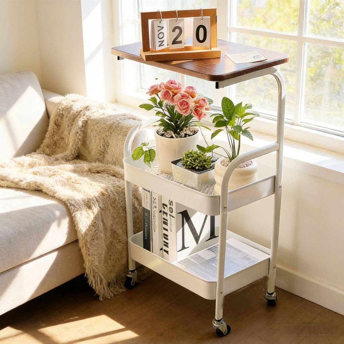Three-Tier Rolling Cart with Desktop, Storage Shelf, Metal Frame, Portable Wheels, Durable Carbon Steel, Home or Office Use
