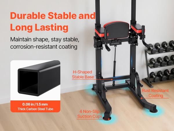 VEVOR Pull Up Bar, 330 LBS Power Tower Dip Station, Workout Dip Station with H-Shaped Stable Base Assistance Platform, Adjustable 9 Level Height Pullup Stand for Back, 3-Level Adjustable Elbow Pads