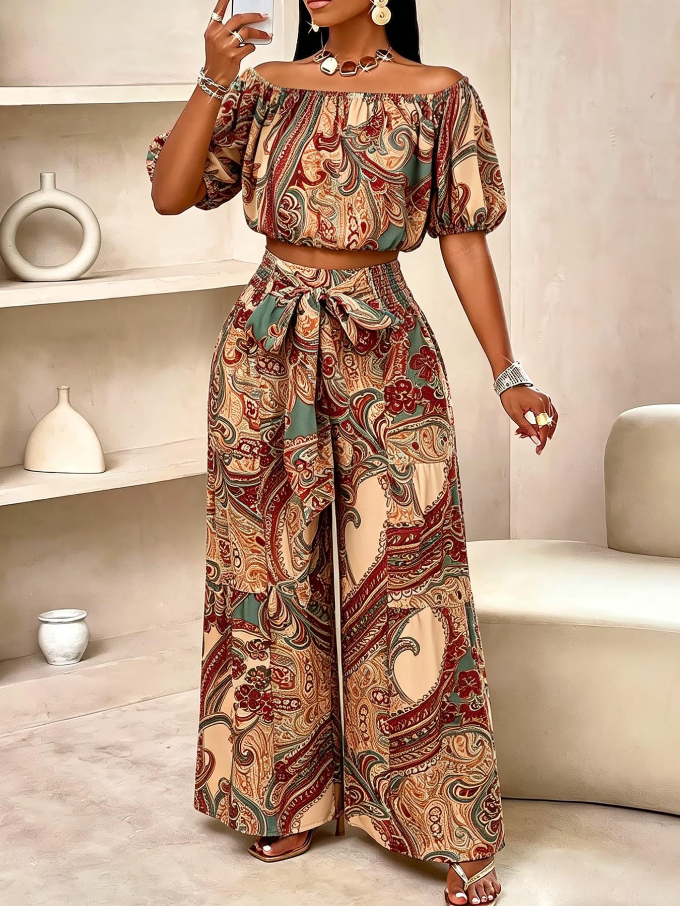 Women's Summer Paisley Print Bohemian Vintage Chic Vacation Two-Piece Set Outfit, Off-Shoulder Bubble Sleeve Crop Top + High Waist Drawstring Wide Leg Pants Women's Summer Paisley Print Bohemian Vintage Chic Vacation Two-Piece Set Outfit, Off-Shoulder Bubble Sleeve Crop Top + High Waist Drawstring Wide Leg Pants