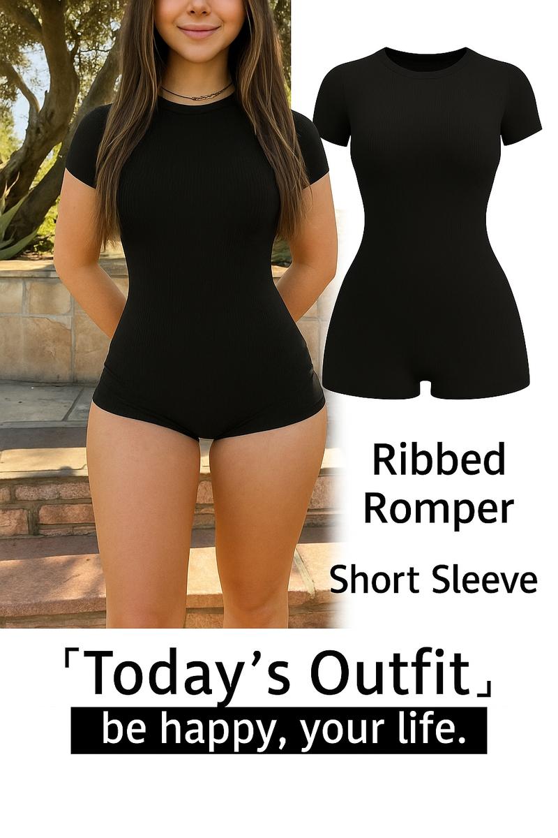 Womens Ribbed Romper Short Sleeve Jumpsuit Stretchy Bodysuit Slim Fit One Piece Casual Lounge Outfit Solid Black Soft Knit Fabric Bodycon Playsuit Crew Neck Summer Casual Wear High Stretch Figure Hugging Streetwear Minimal Chic Style