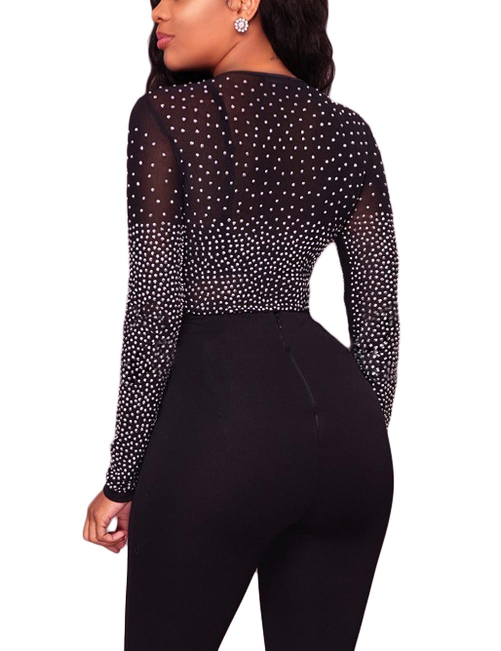 UEOIOW Women's Sparkly Rhinestone Mesh Top, 2026 Sexy V-Neck Long Sleeve Sheer Glitter Blouse, Party-Club Night Concert Outfit