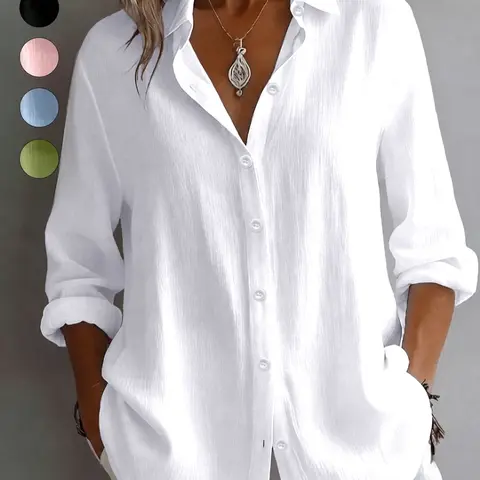 Women's Plus Size Button-Down Blouse, Casual Relaxed-Fit Long-Sleeve Shirt, Minimalist Top for Parties and Daily Wear, Button Front Top