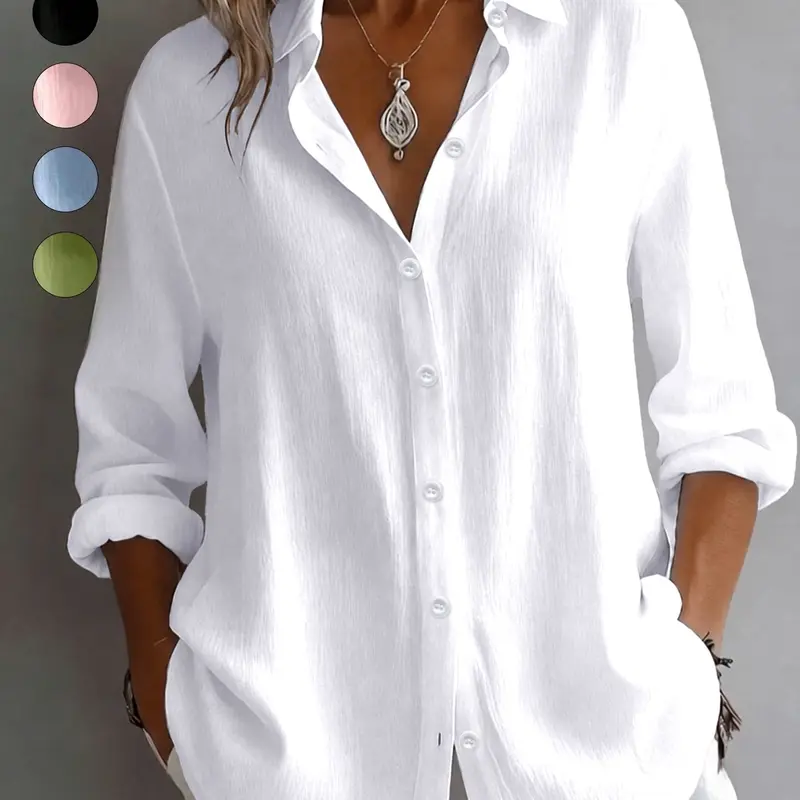 Women's Plus Size Button-Down Blouse, Casual Relaxed-Fit Long-Sleeve Shirt, Minimalist Top for Parties and Daily Wear, Button Front Top
