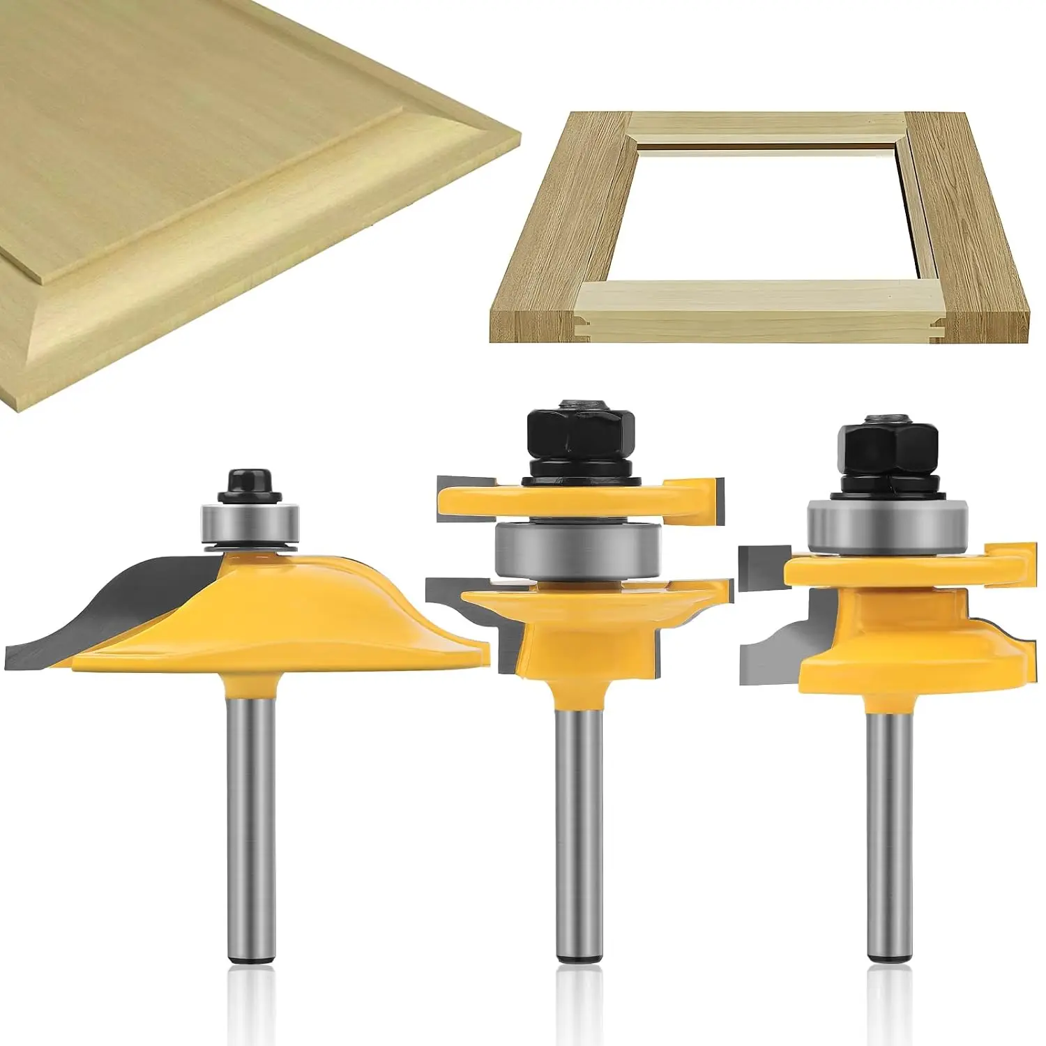 1/4" Shank Router Bit Set 3PCS Raised Panel Cabinet Door Making Router Bits| Cabinet Door Router Bits,Cemented Carbide Router Bits,Router Door Window Bits (Tenon Cutter Diameter: 1-5/8")