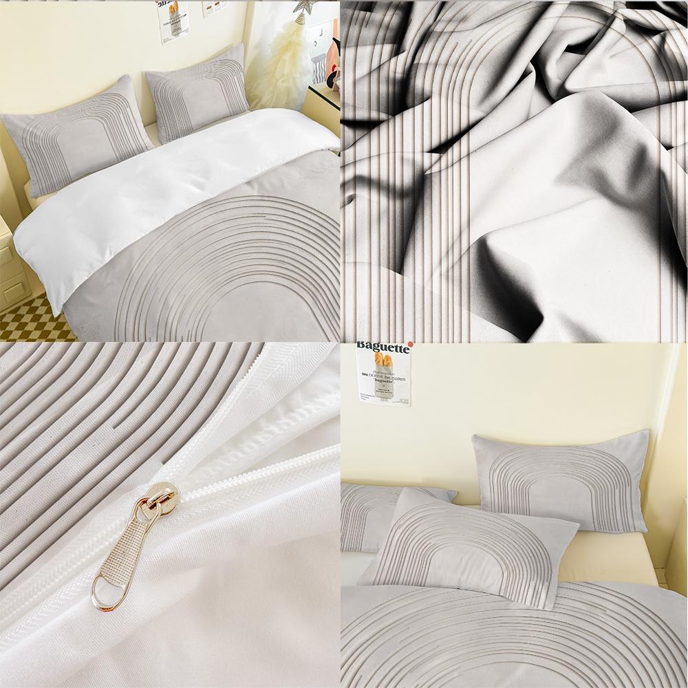 3pcs Arched lines on beige background bedding set (1*Duvet Cover + 2*Pillowcase, Without Core)+The fabric is soft, comfortable and breathable for bedroom guest room hotel dormitory rooms